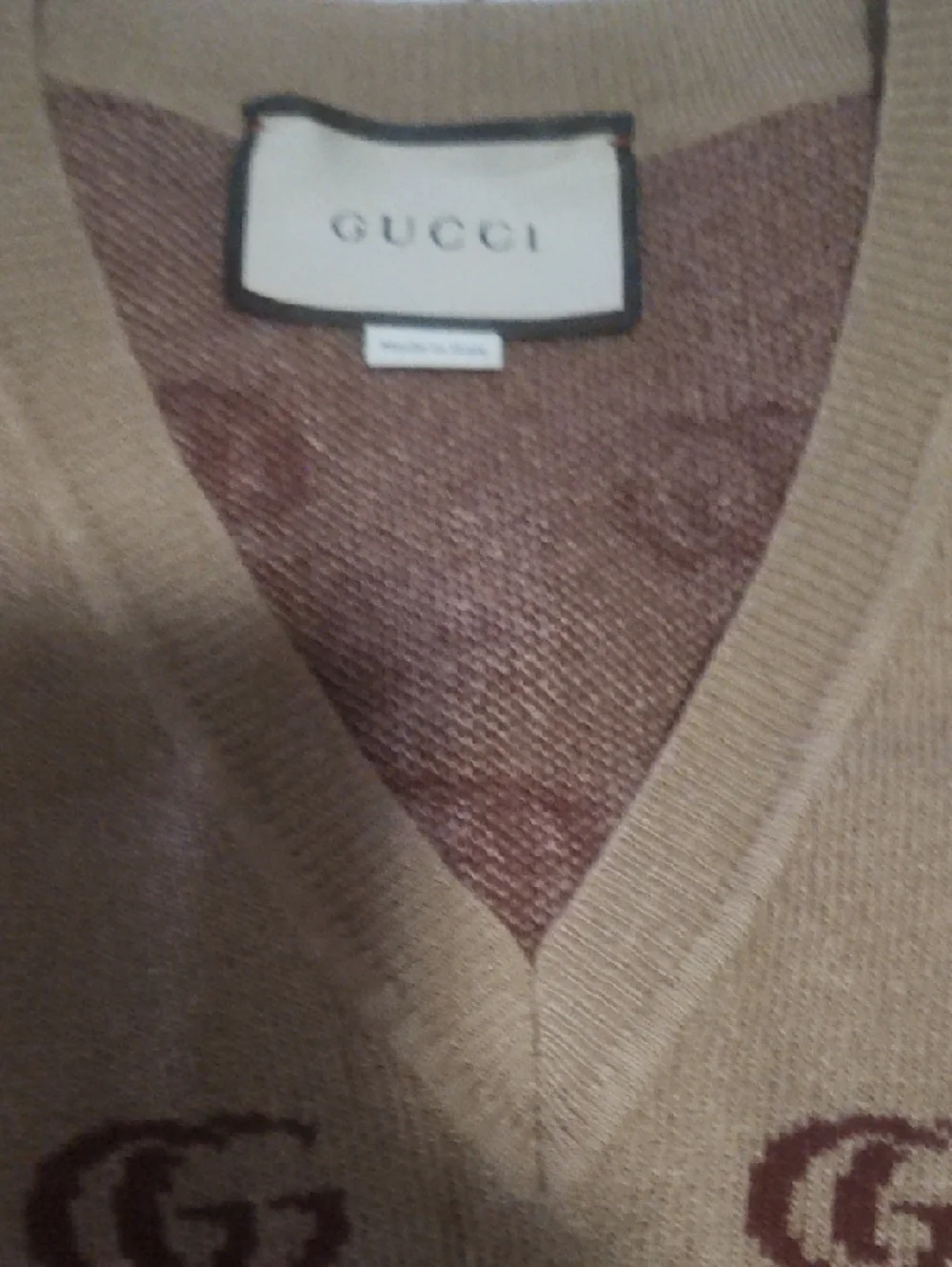 Gucci Beige and Brown V-Neck Sweater with GG Motif